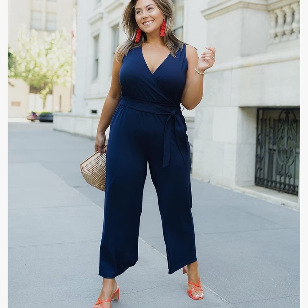 Elegant Navy Blue Sleeveless Wrap Jumpsuit - Picture 4 of 4